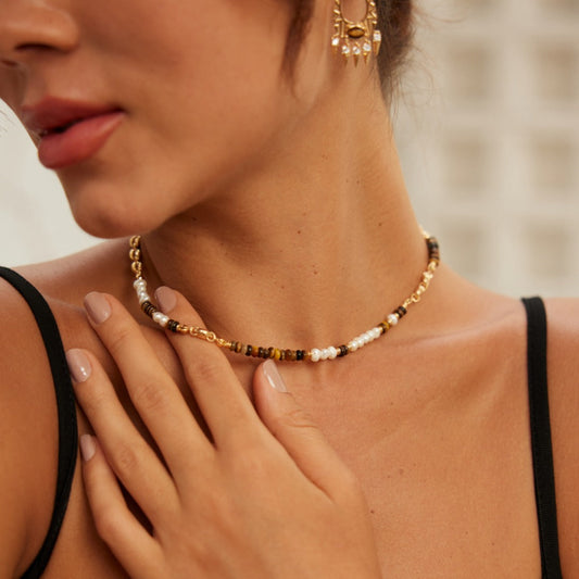 Tiger Eye Stone and Real Pearl Necklace – Tropical-Inspired Design, 37cm + 7cm Extension, Vintage Gold Finish