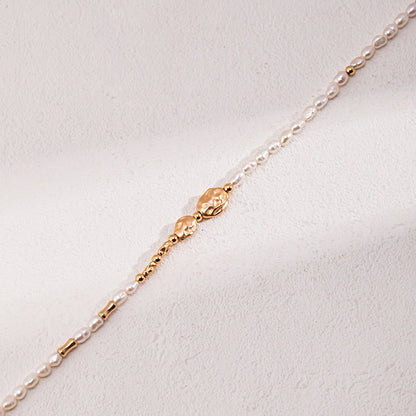 Meteorite Texture Sterling Silver Pearl Necklace – Natural Pearl, Adjustable 37+7cm Chain, Vintage Gold Finish