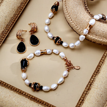 Baroque Style Black Onyx and Pearl Bracelet – Sterling Silver, Adjustable 16+3cm Chain, Vintage Gold & White Gold Options, Elegant Jewelr