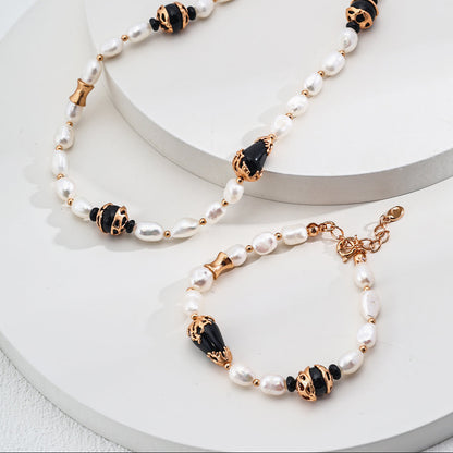 Baroque Style Black Onyx and Pearl Bracelet – Sterling Silver, Adjustable 16+3cm Chain, Vintage Gold & White Gold Options, Elegant Jewelr