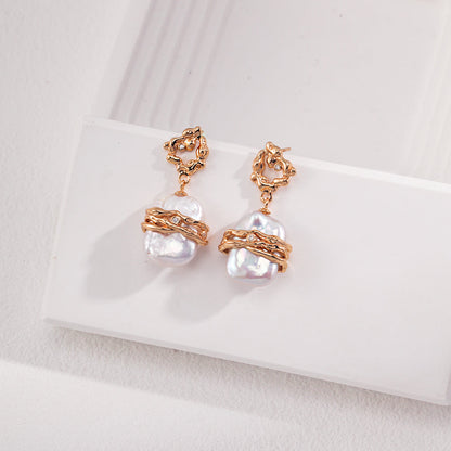 Baroque Pearl Drop Earrings – Sterling Silver, Zircon Accents, Vintage Gold Finish