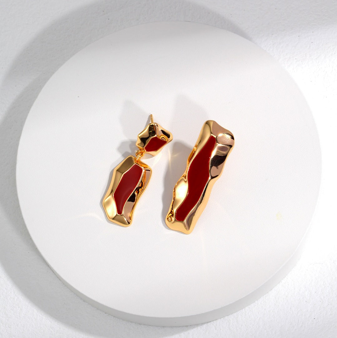 Asymmetric Red Enamel Earrings – Gold Edged, Natural Flow Design, Elegant Statement Jewelry